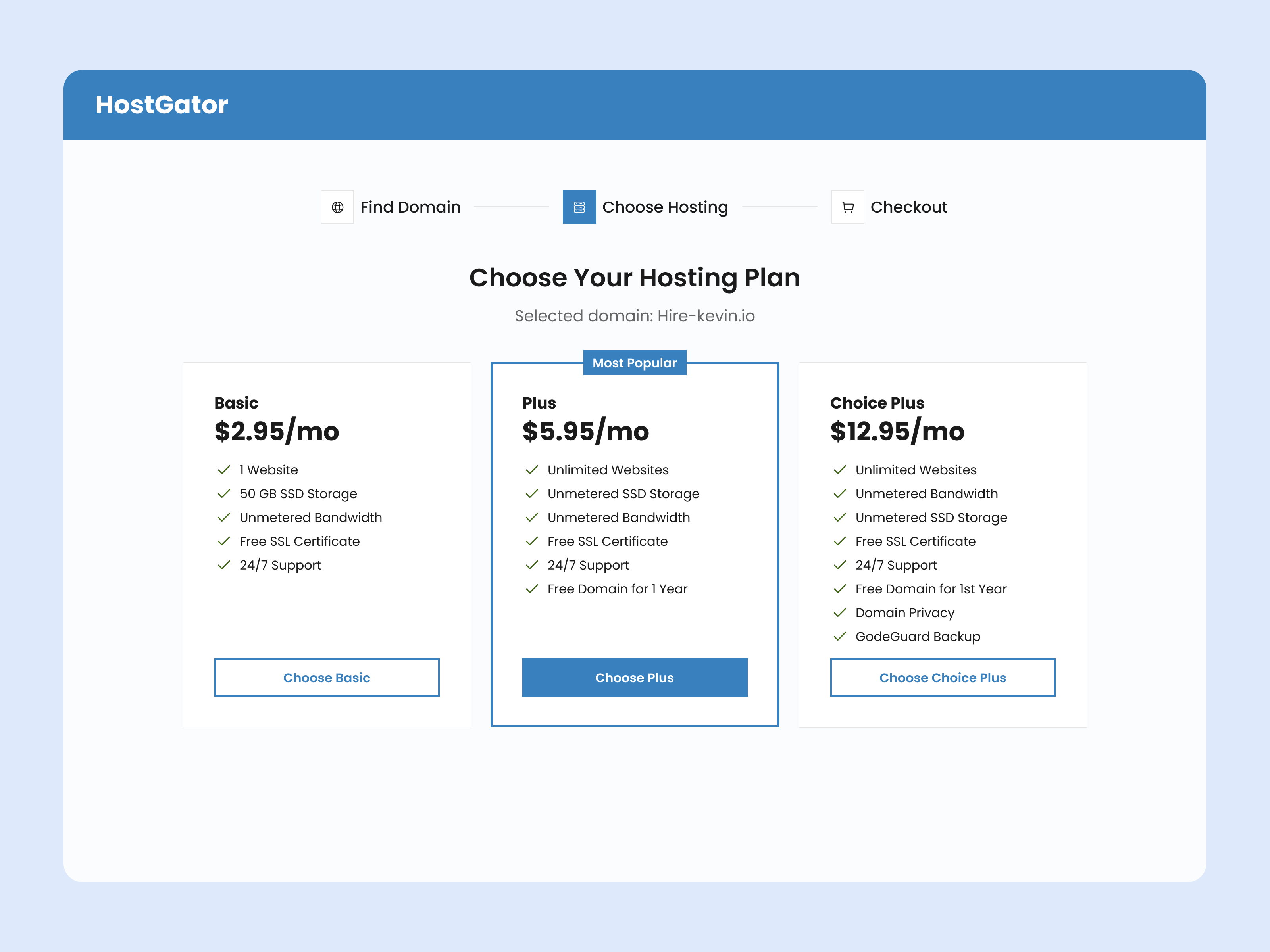 HostGator select a plan page