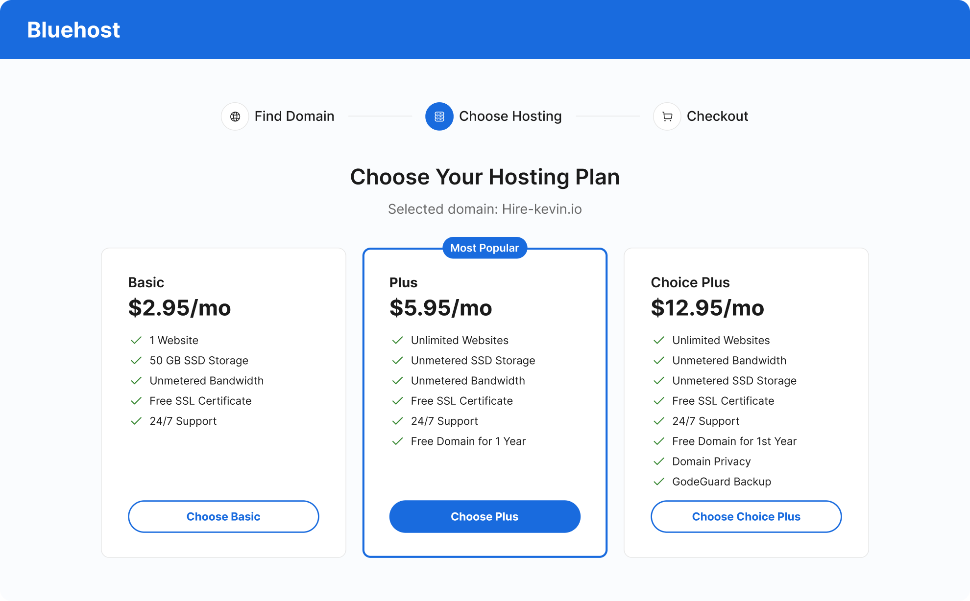 Bluehost select a plan page