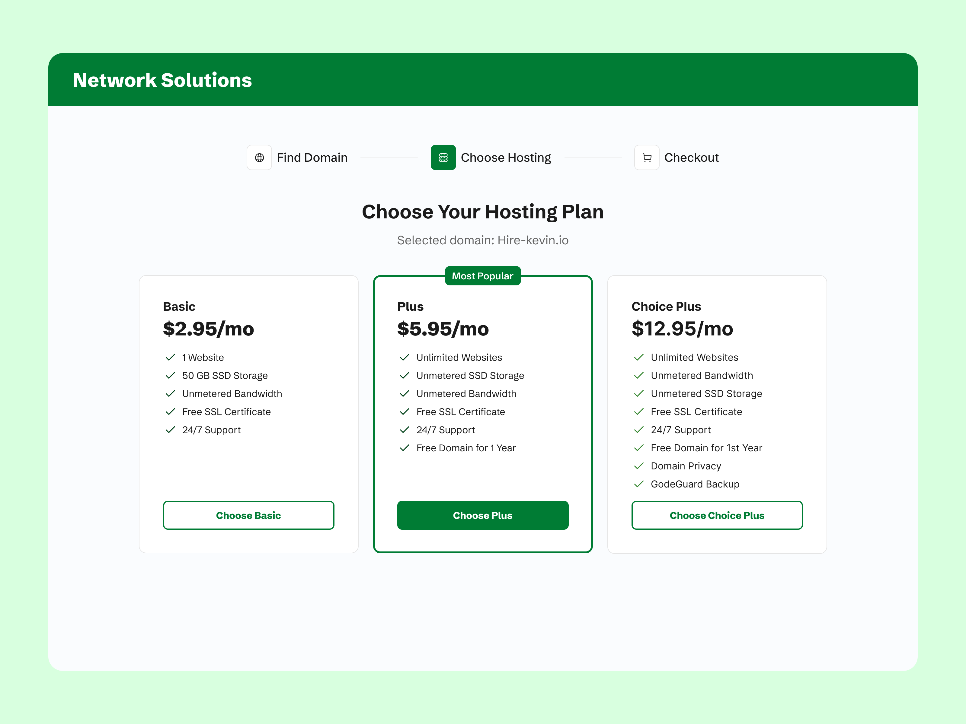 Network Solution select a plan page