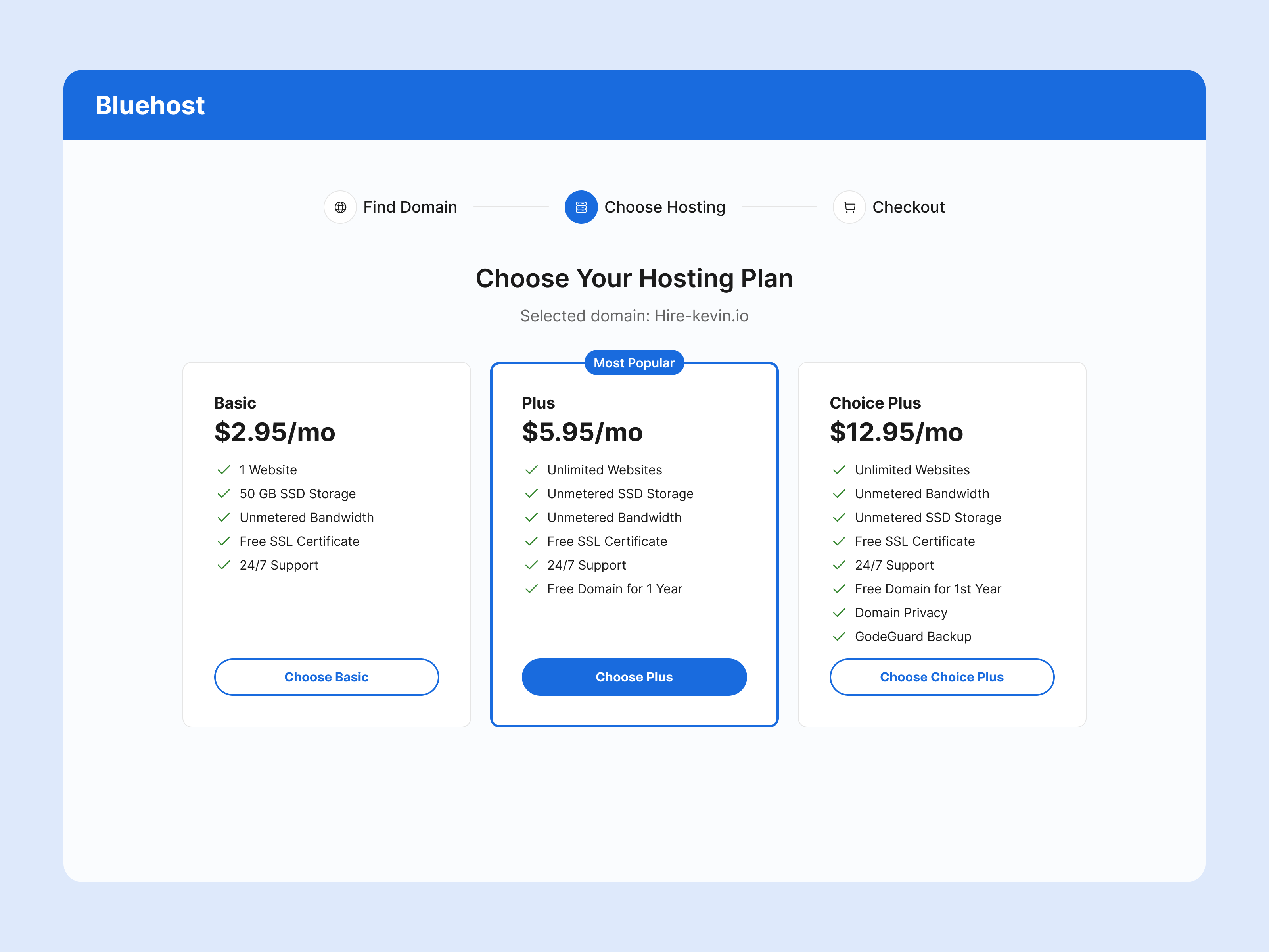 Bluehost select a plan page